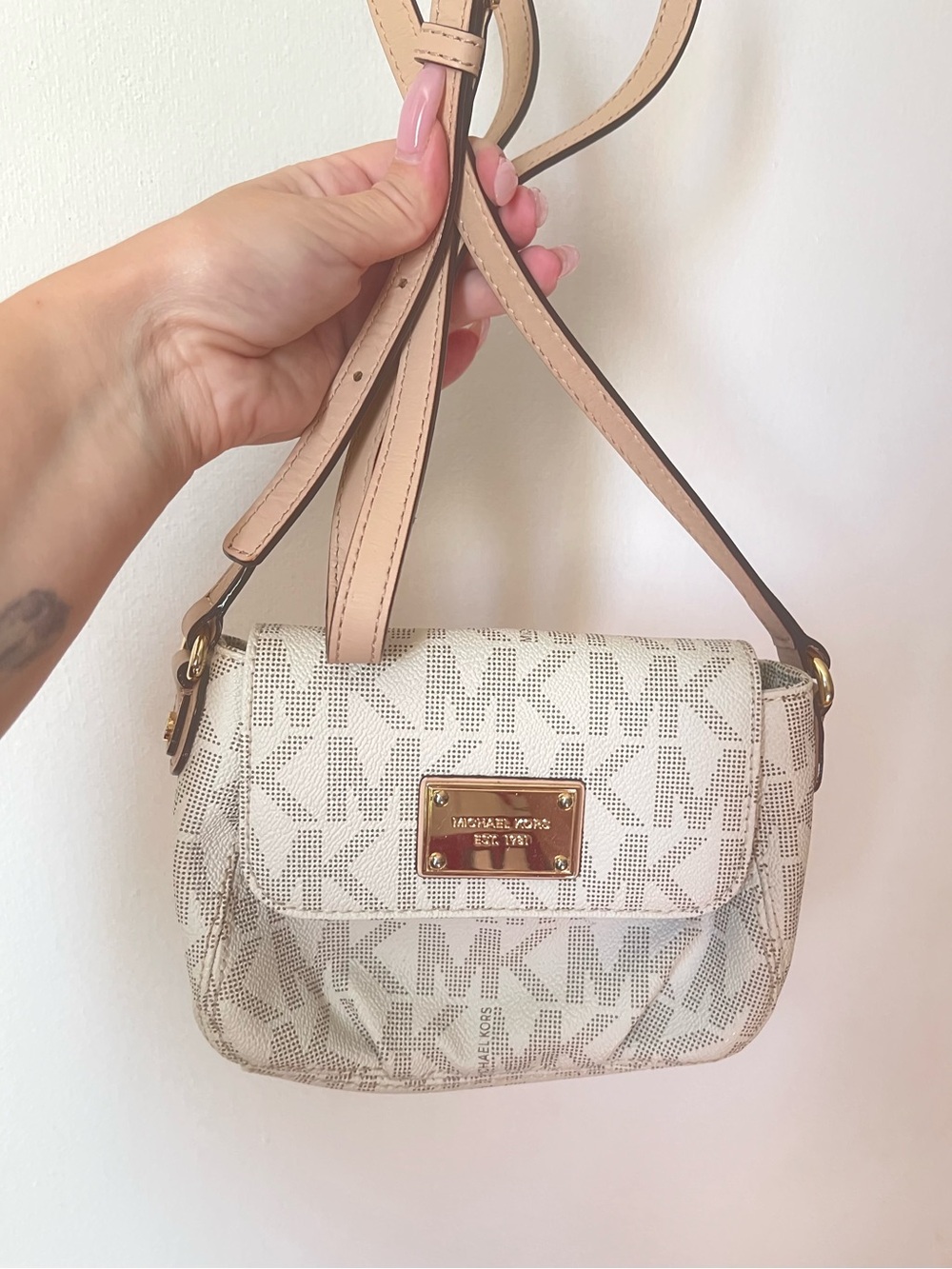 Michael Kors White Logo Crossbody with Light Nude Strap